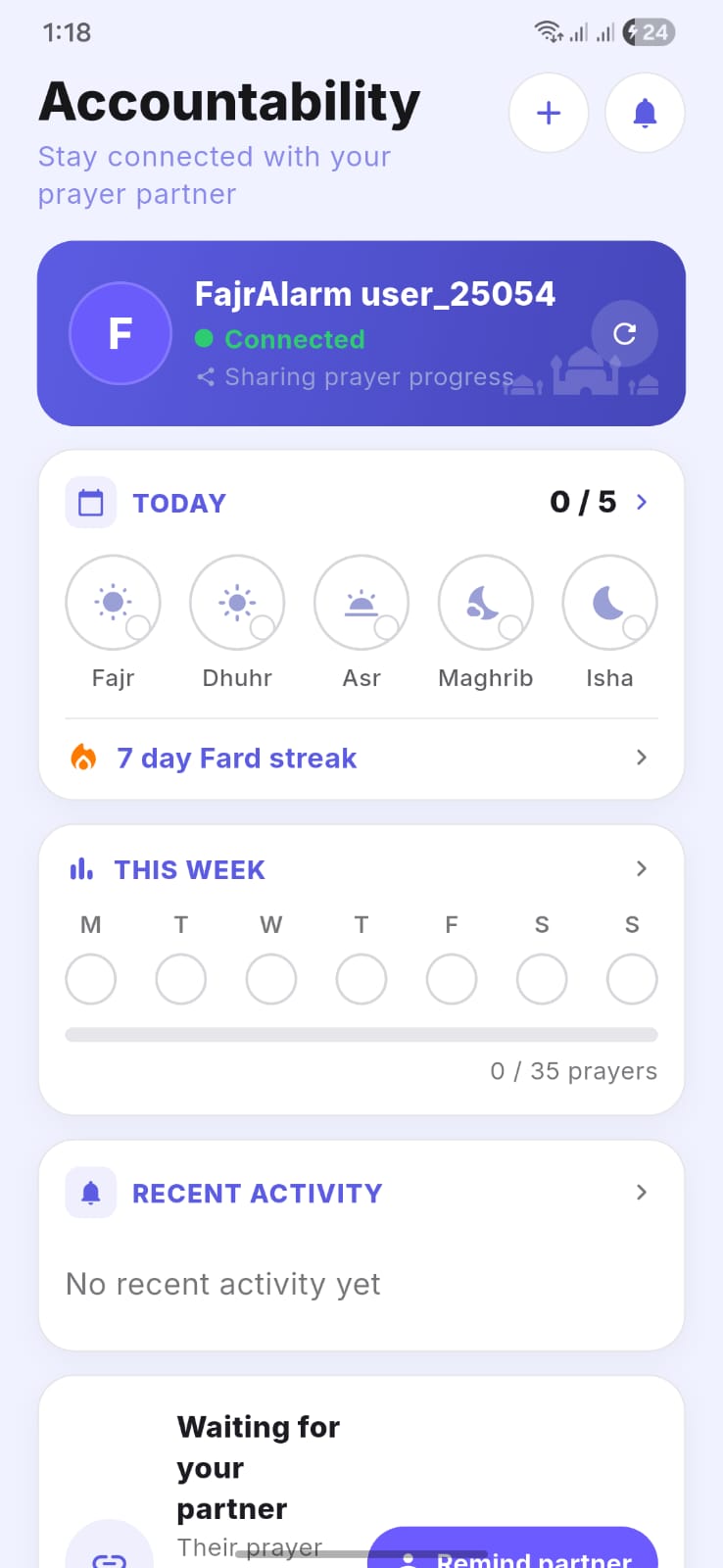 Accountability dashboard showing prayer partner progress