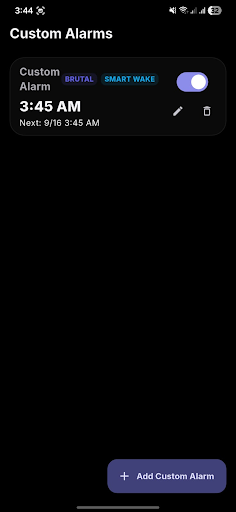 Custom Alarms screen showing 3:45 AM alarm with Brutal and Smart Wake badges