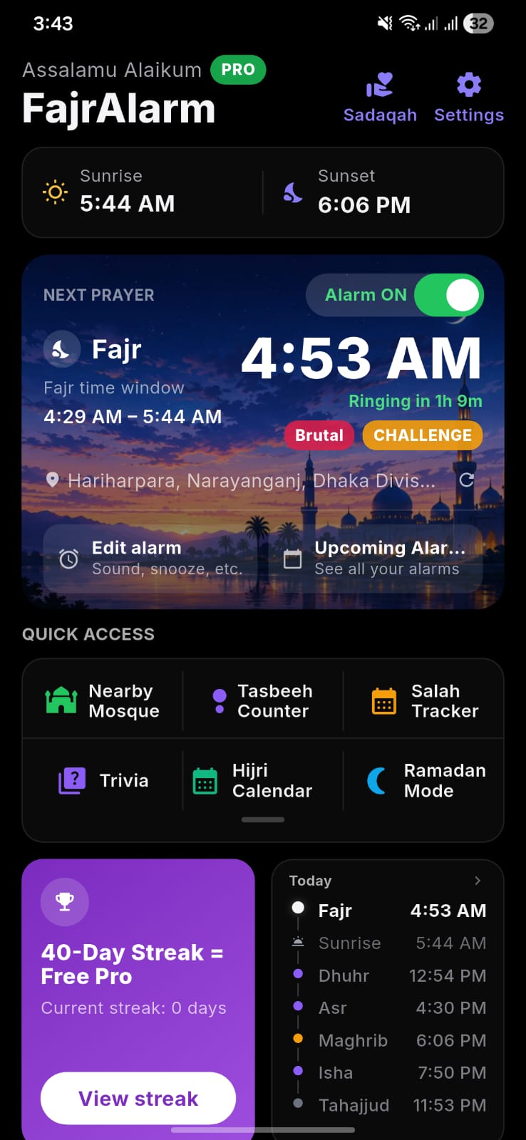 Fajr Alarm Android home dashboard with upcoming Fajr timer and brutal alarms