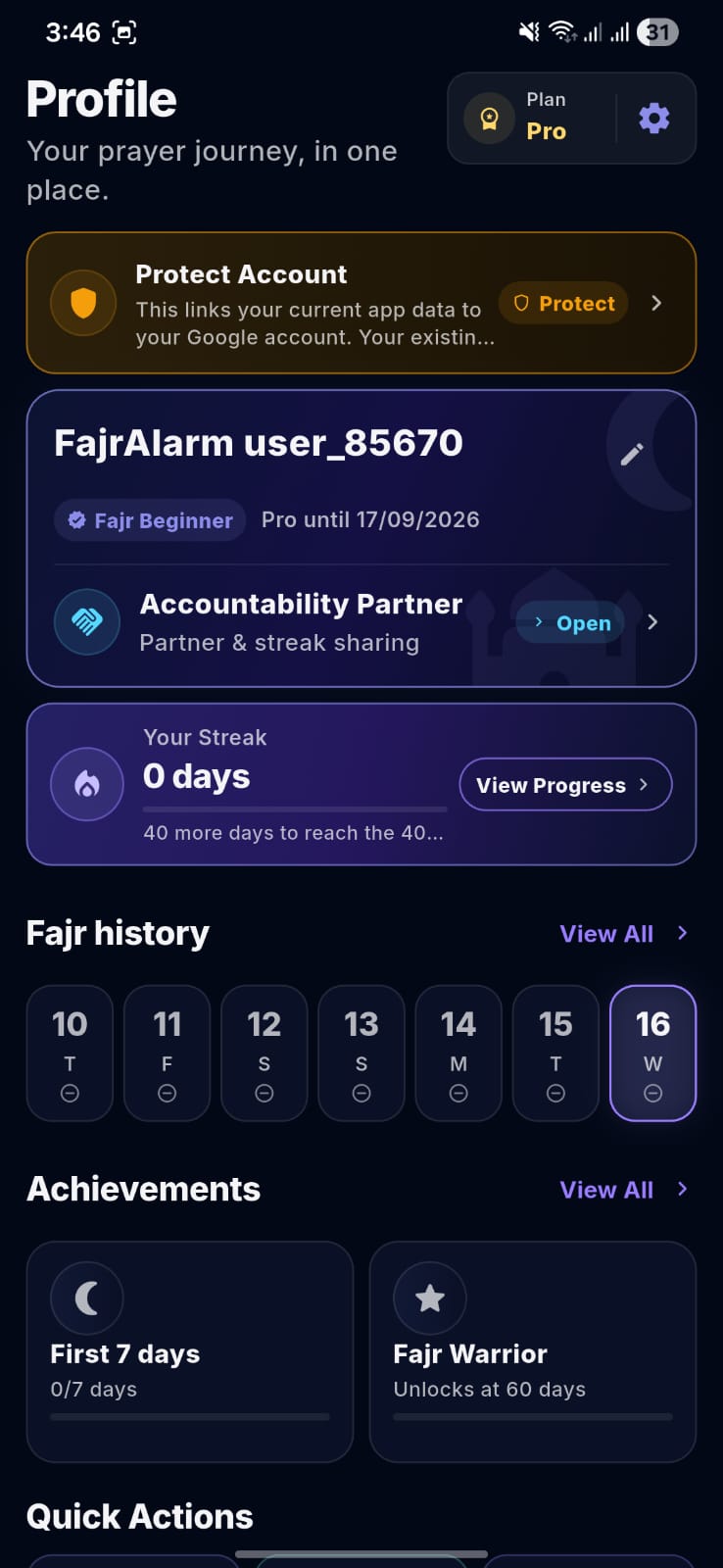 Profile screen showing 40 days milestone and Fajr history