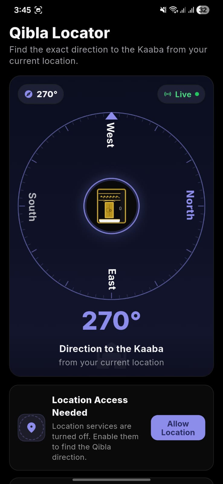 Qibla compass live sensor alignment