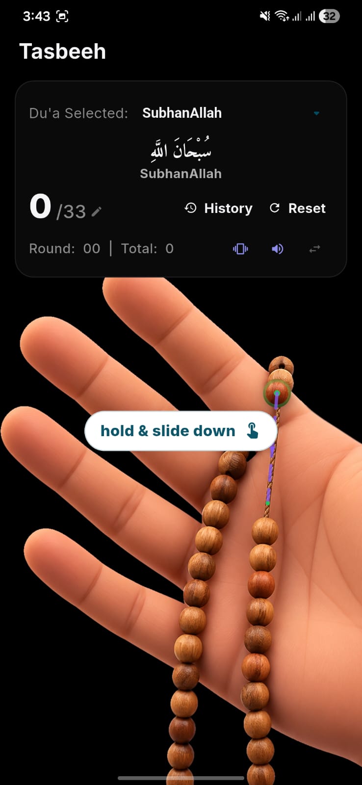 Tasbeeh digital beads counter with hold and slide mechanism